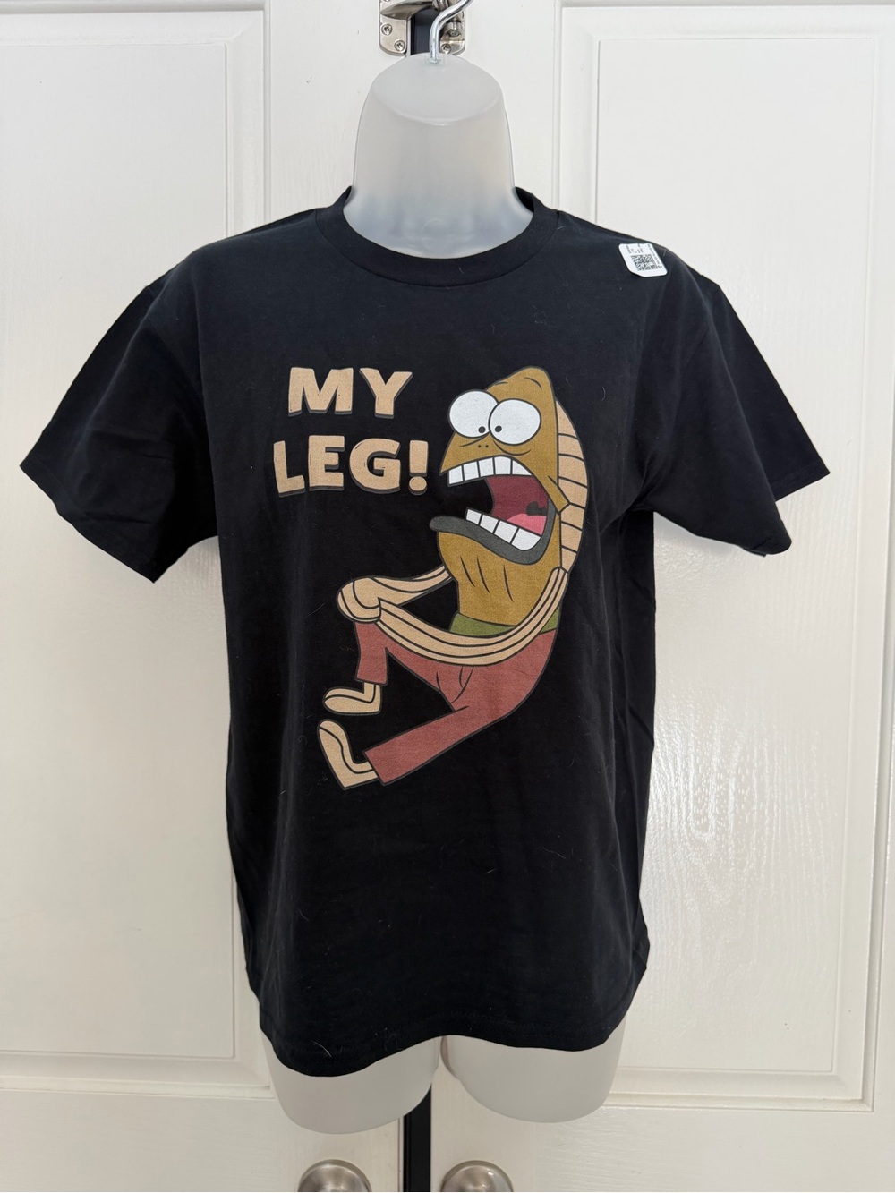 SpongeBob Fred the Fish Black Graphic Tee with 'MY LEG!' Cartoon Print Sz L